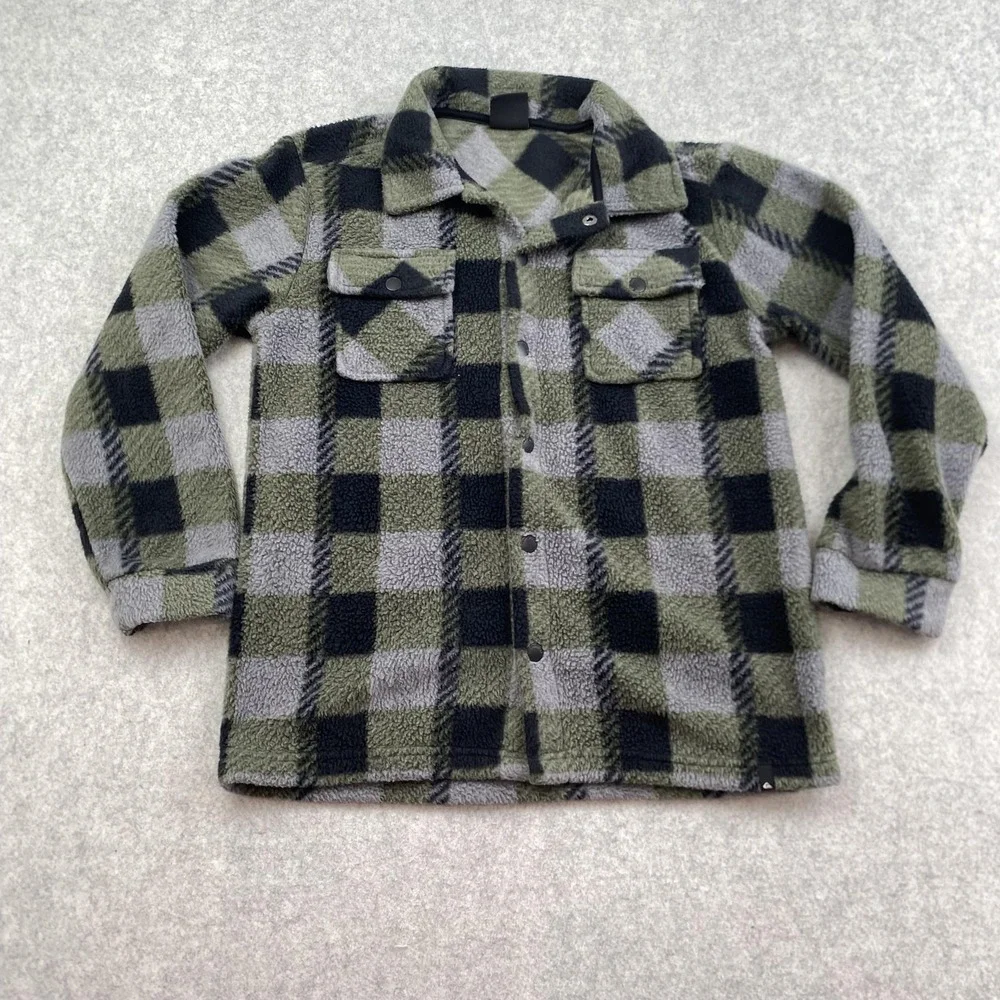 Quiksilver Kids M 10-12 Green Plaid Fleece Snap Shirt Jacket Shacket 26S0FBI10K